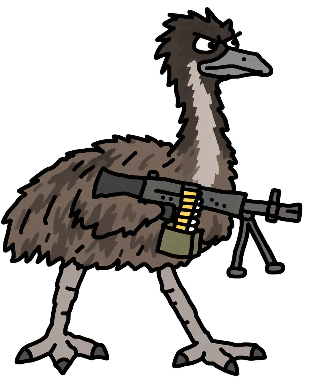 An angry cartoon emu